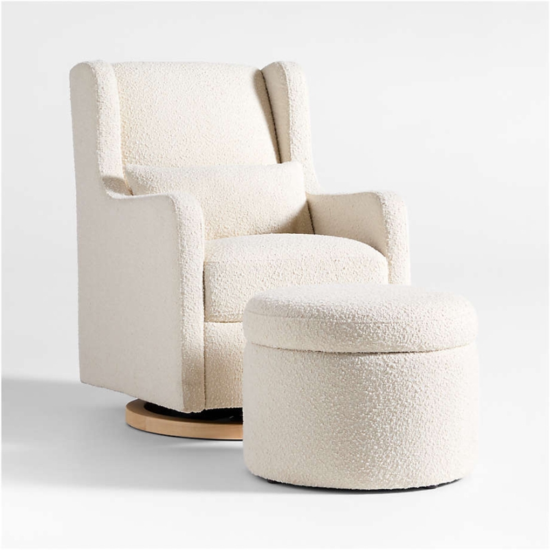 Ivory Boucle Glider Chair with Swivel Wood Base and Storage Ottoman