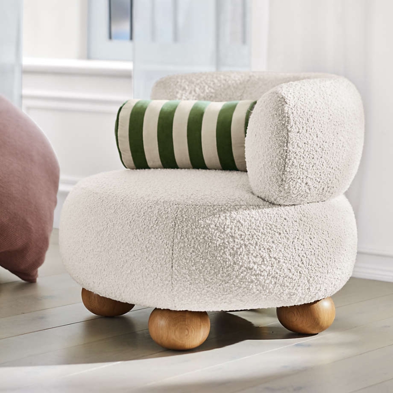 Ivory Boucle Kids Lounge Chair with Spherical Ball Feet