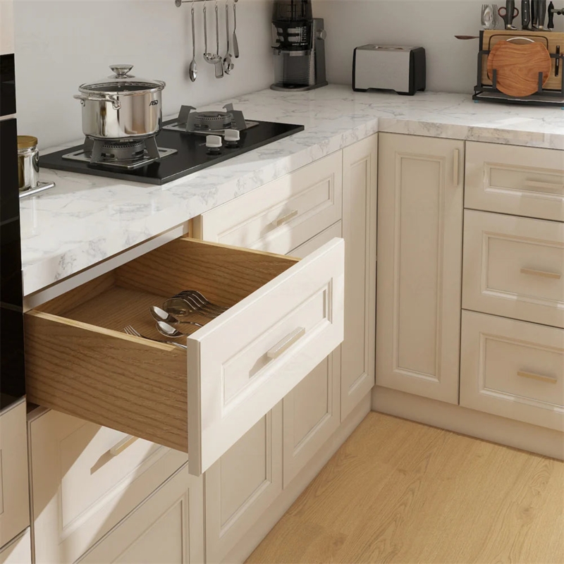 Ivory Double Shaker Cabinets with Wood Drawer Boxes and Marble Counter