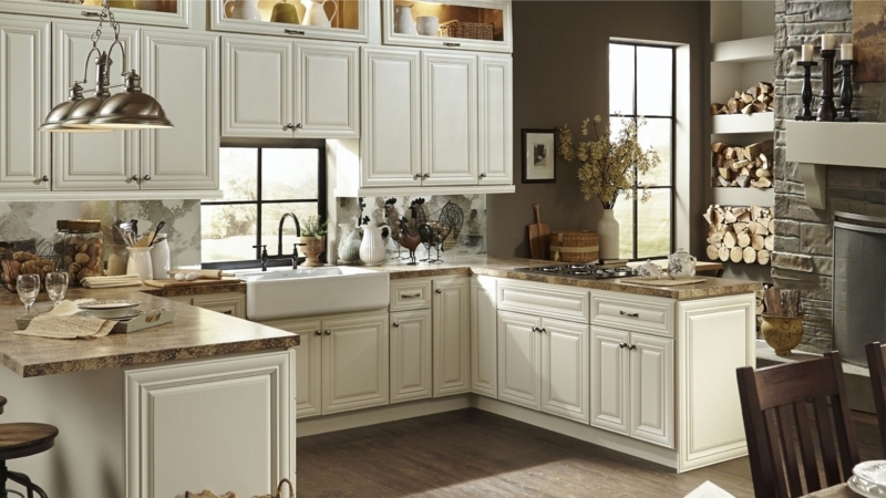 Ivory Farmhouse Cabinets with Antique Bronze Pendants