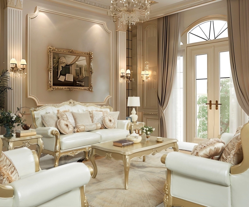 Ivory Gold Tuxedo Sofa Set: Leather-Like Upholstery, Hand Carved Details