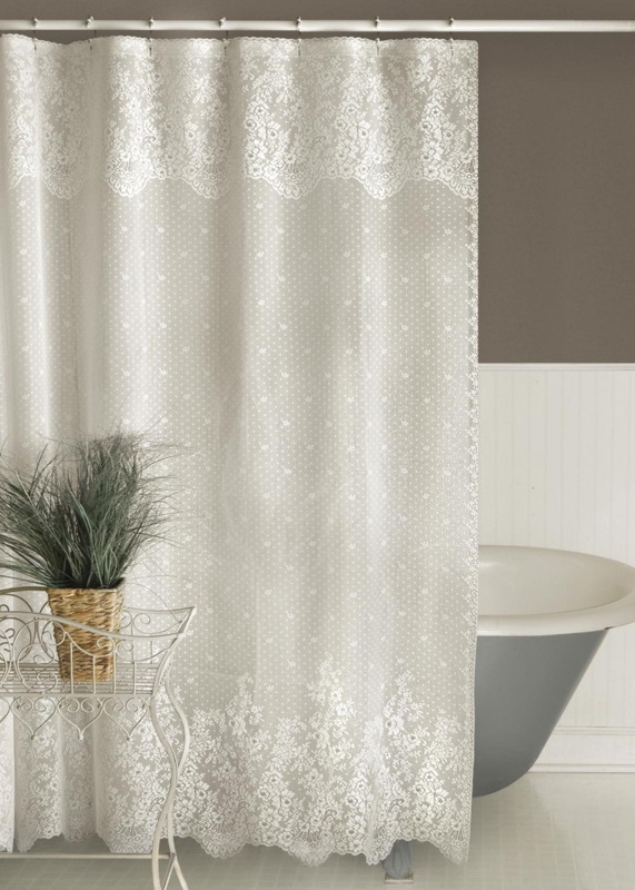 Ivory Lace Shower Curtain Swiss Dot Pattern Floral Border Cottagecore