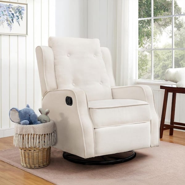 Ivory Linen-Look Swivel Glider Recliner with Button Tufted Back