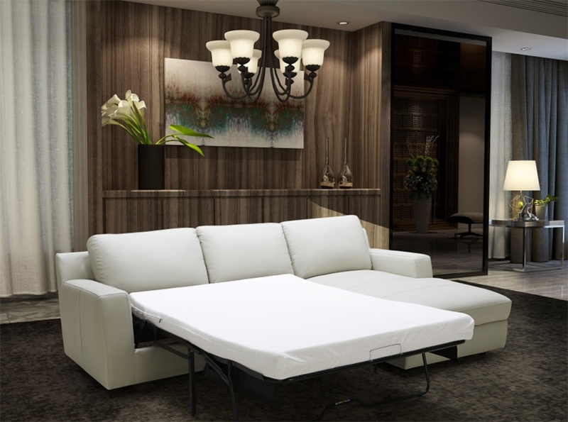 Ivory Sectional Sleeper Sofa with Leather-Like Finish & Block Arms