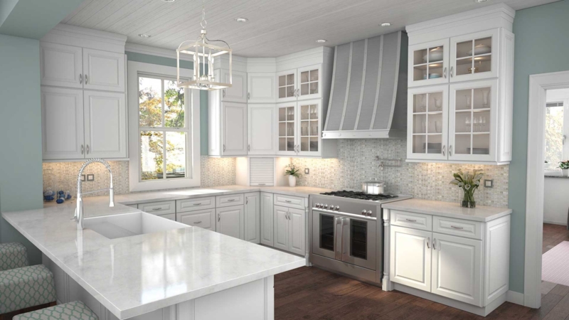 Ivory Shaker Cabinets with Glass Doors and Aqua Accent Walls
