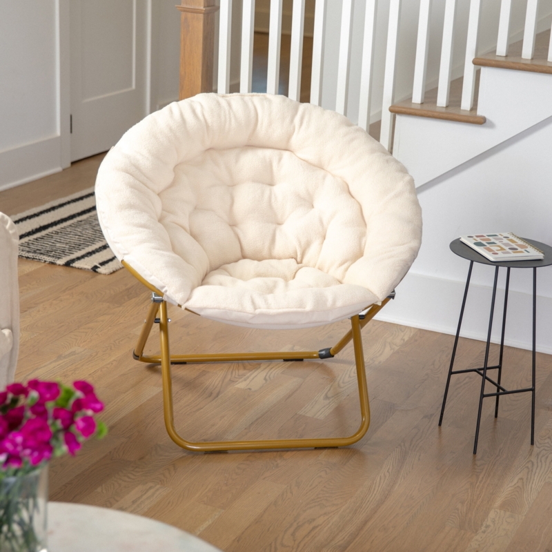 Ivory Sherpa Saucer Chair Gold Folding Frame Plush
