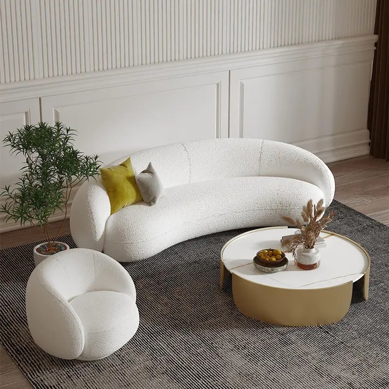 Ivory White Bouclé Half Circle Sofa with Gold Pedestal Base