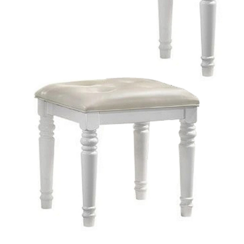 Ivory White Vanity Stool Tufted Vegan Faux Leather Turned Legs Square