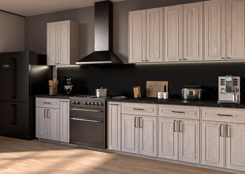 Ivory Wood Grain Cabinets with Black Herringbone Tile Backsplash