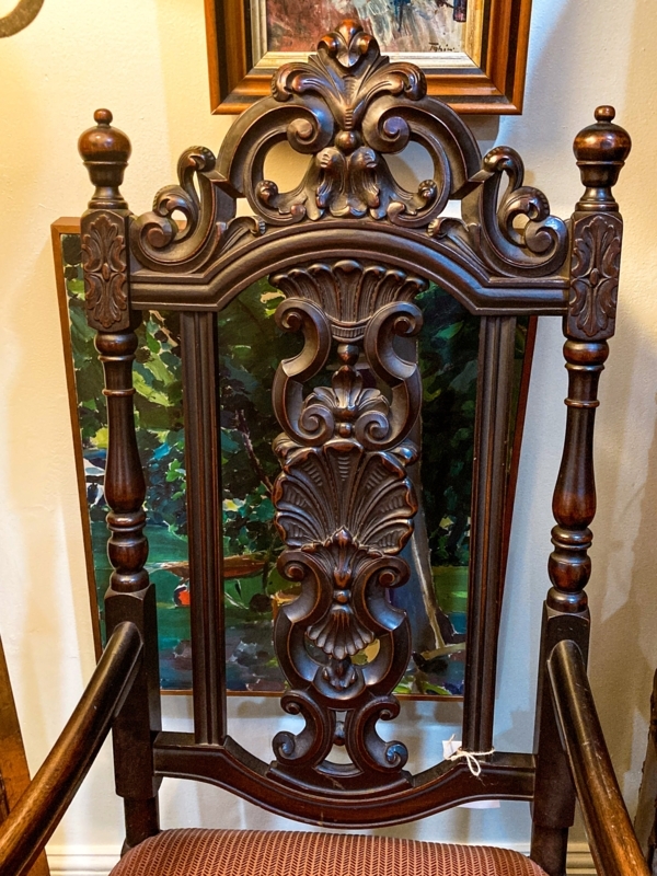 Jacobean Throne Chair: Antique Ornate Carving, Shell Motif, Ball Finials