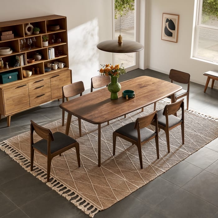 Japandi Dining Set with Storage Hutch, Walnut Wood and Tapered Legs