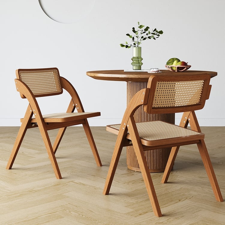 Japandi Folding Dining Chair Walnut Finish Woven Cane Panels A-Frame