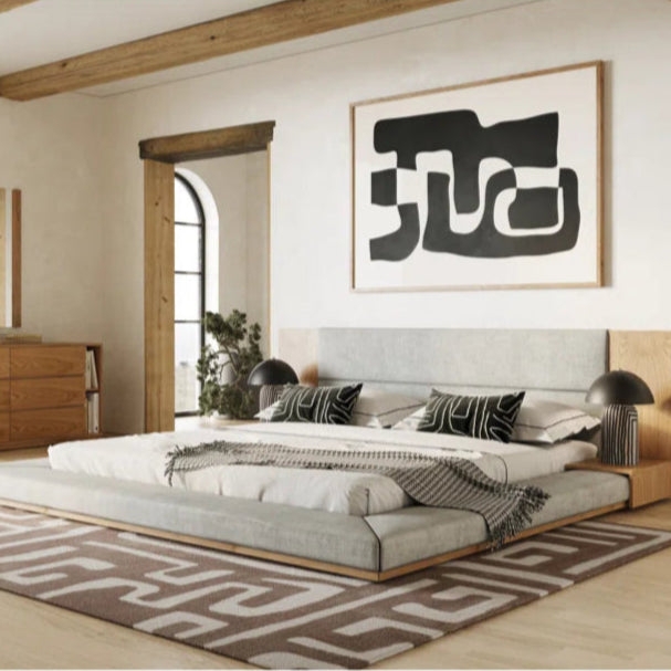 Japandi Low Profile Bed Integrated Nightstands Upholstered Frame