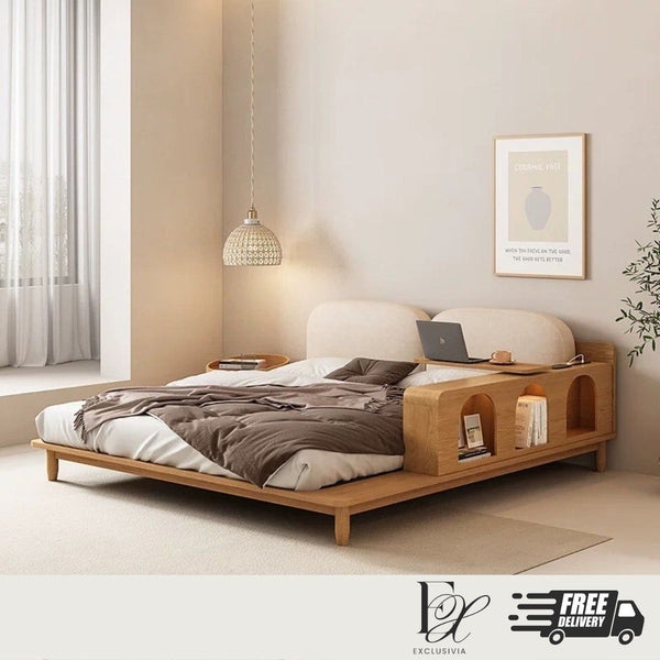 Japandi Platform Bed Integrated Arched Shelving Built-in Desk