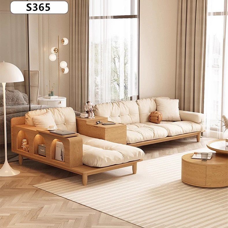 Japandi Sectional Sofa with Arched Shelving and Laptop Tray