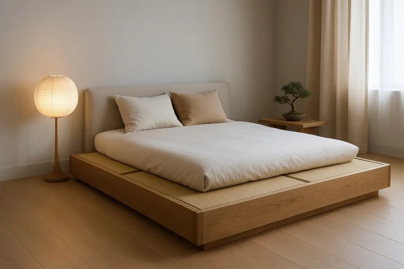 Japandi Tatami Bed Frame Low Profile Wood Base Wide Ledge