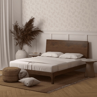 Japandi Wooden Bed Frame Solid Walnut Headboard Tapered Legs
