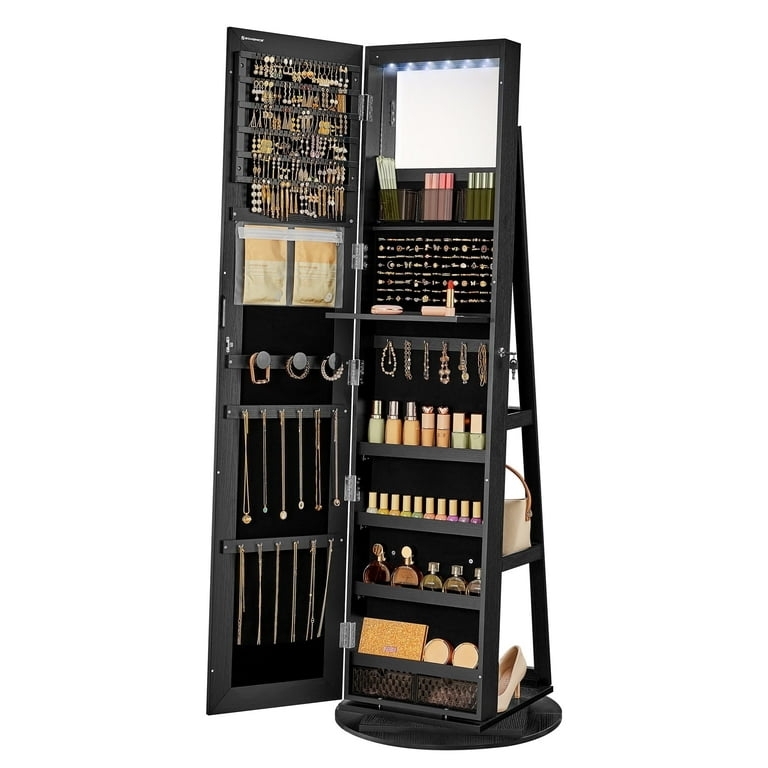 Jewelry Armoire: Black 360 Swivel Standing Cosmetic Organizer with LED