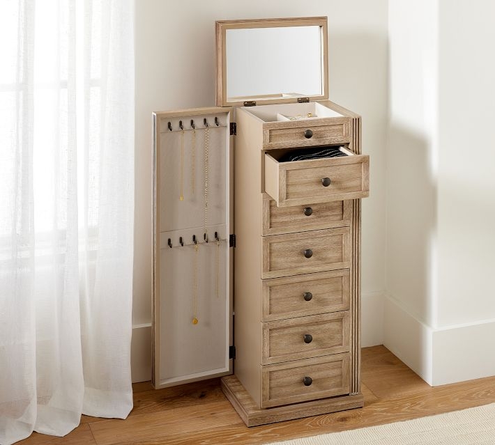 Jewelry Armoire Light Wood Fluted Side Detailing Flip Top Mirror Standing