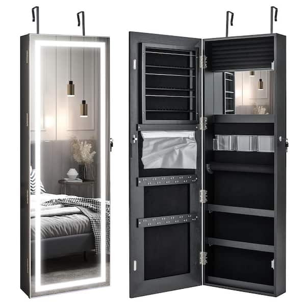 Jewelry Armoire: Lockable Matte Black Over Door Mirror with LED Border