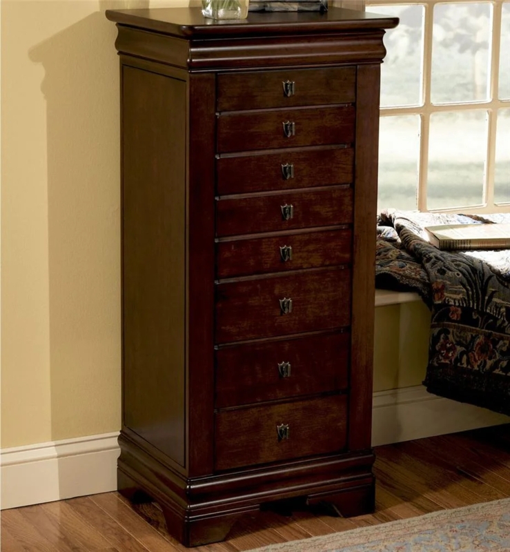 Jewelry Armoire Marquis Cherry Finish Eight Drawers Shield Pulls Traditional