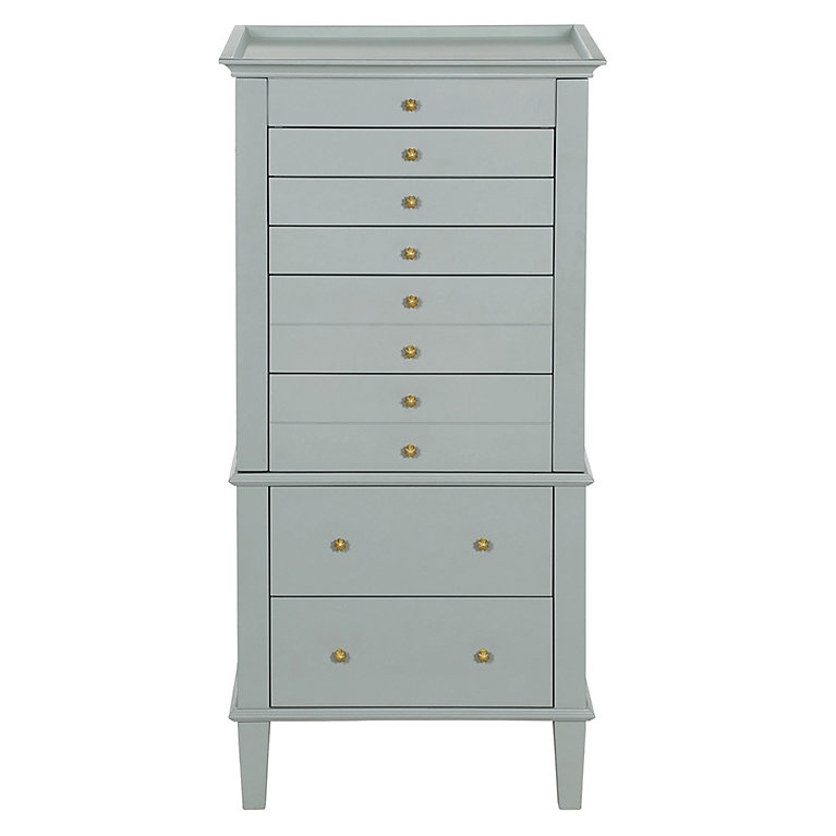 Jewelry Armoire Misty Blue Grey Ten Drawers Floral Gold Hardware Tray Top
