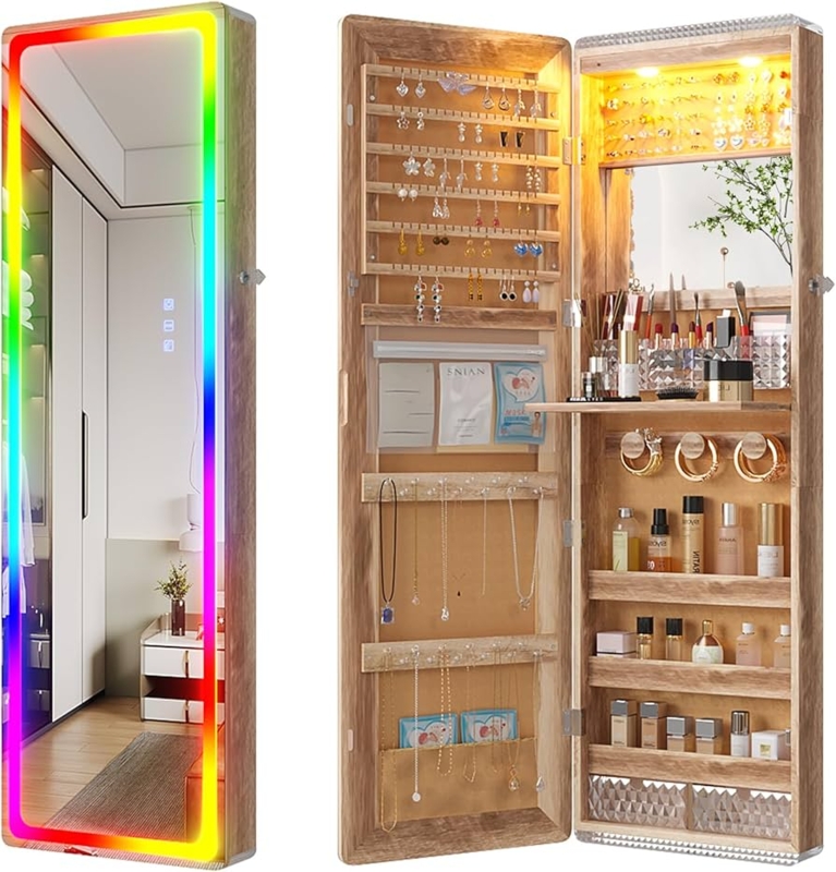 Jewelry Armoire: Modern Light Wood with RGB LED Border and Folding Shelf