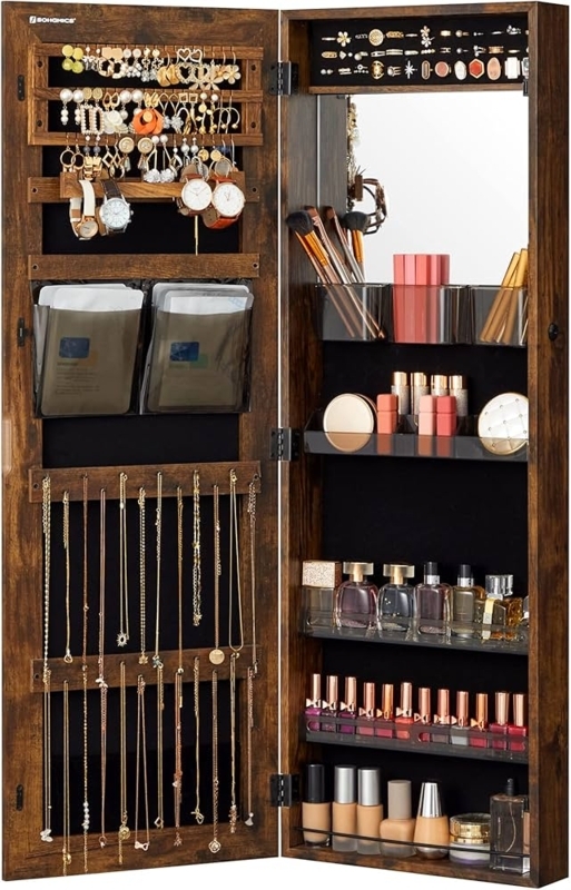 Jewelry Armoire: Rustic Brown Cabinet with Internal Mirror and Watch Rack