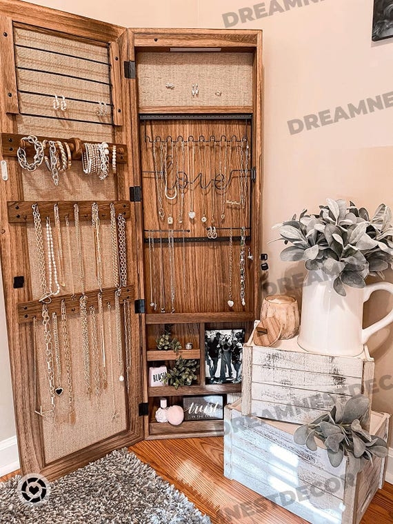 Jewelry Armoire: Rustic Wood Farmhouse Cabinet with Burlap Lining