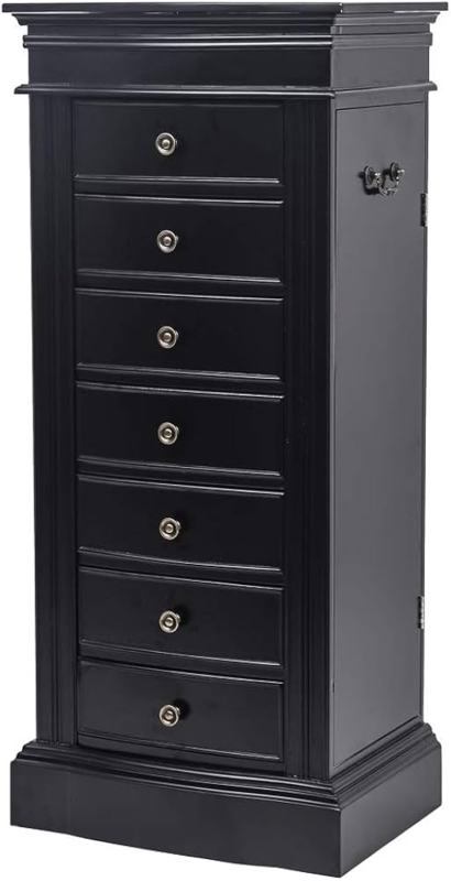 Jewelry Armoire Satin Black Finish Side Opening Doors Tiered Molding