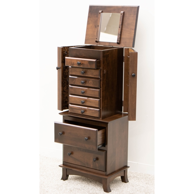 Jewelry Armoire Walnut Brown Split Level Design Flared Bracket Feet Shaker