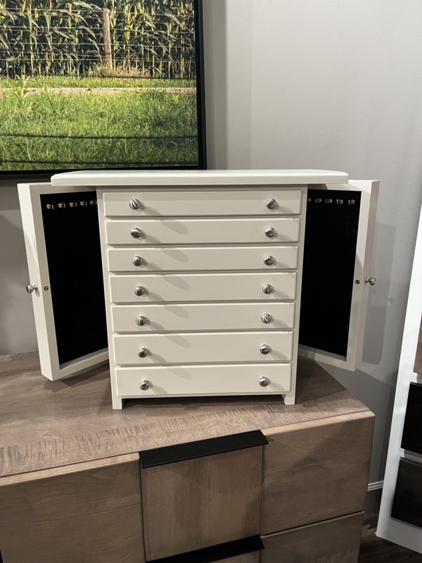 Jewelry Box Off White Seven Drawers Swing Out Side Panels Knurled Knobs