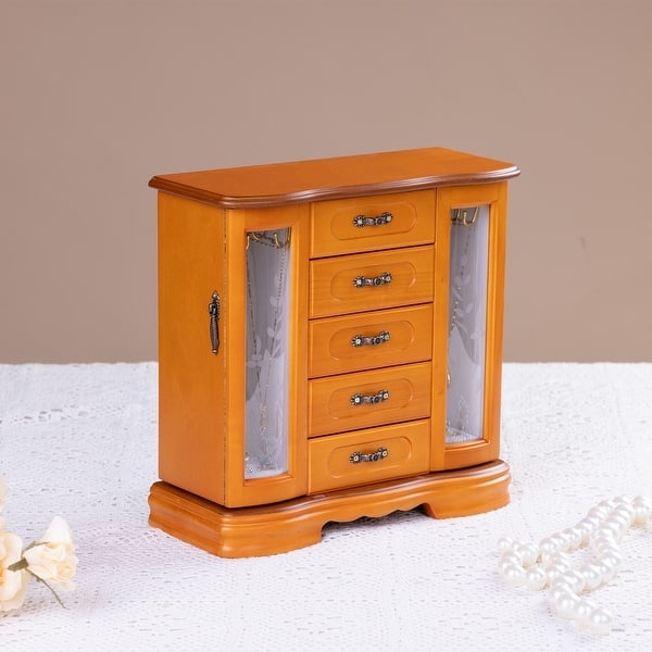Jewelry Box: Vintage Wood 5-Drawer Chest with Etched Glass Side Doors