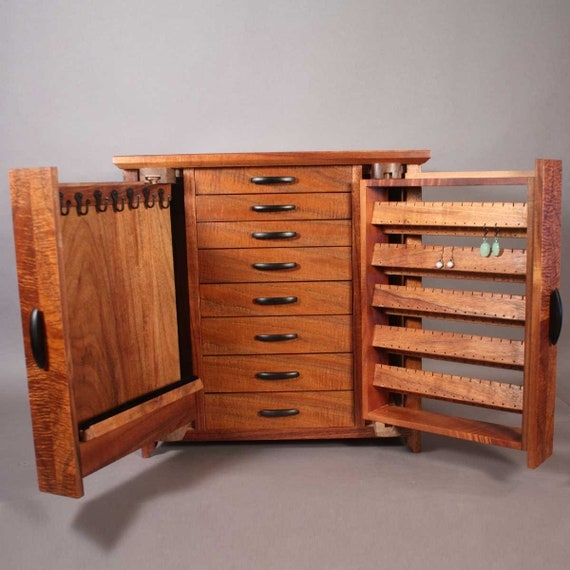 Jewelry Cabinet Artisan Wood Rotating Panels Eight Drawers Craftsman Style