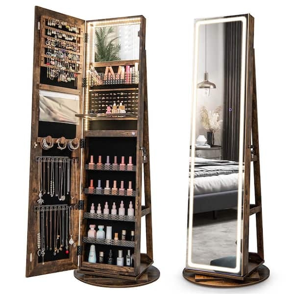 Jewelry Cabinet: Coffee Brown 360 Swivel Armoire with LED Light Border