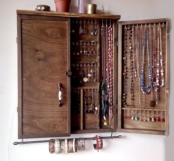 Jewelry Cabinet: Dark Walnut Double Door Wall Organizer with Bracelet Bar