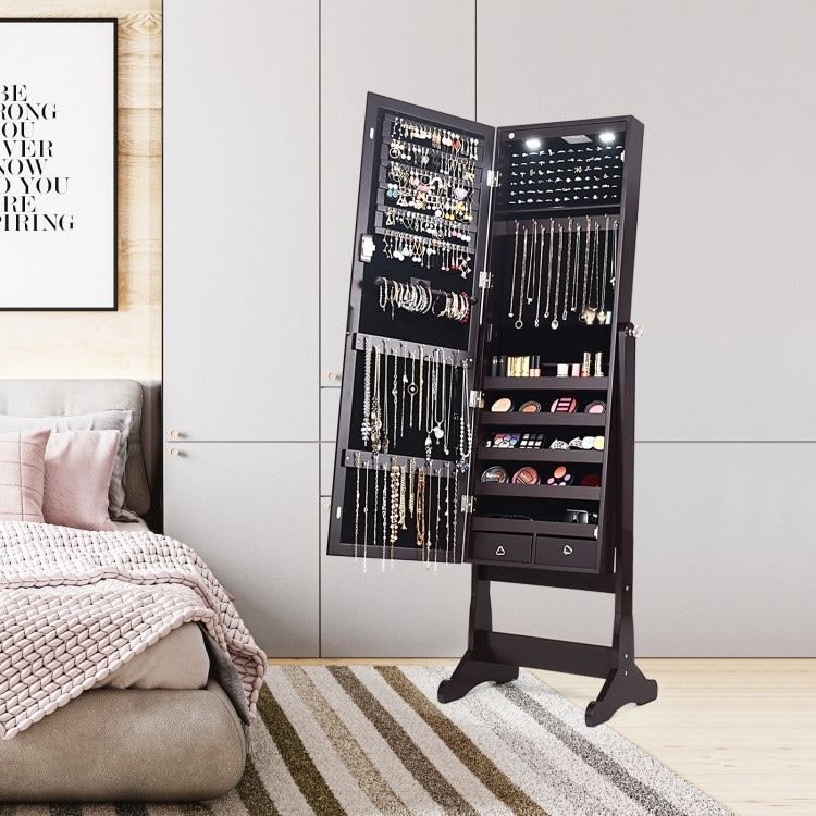 Jewelry Cabinet: Freestanding Easel Mirror with LED Lighting and Lock