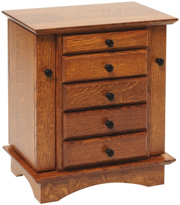 Jewelry Cabinet Honey Brown Five Drawers Side Doors Arched Base Craftsman