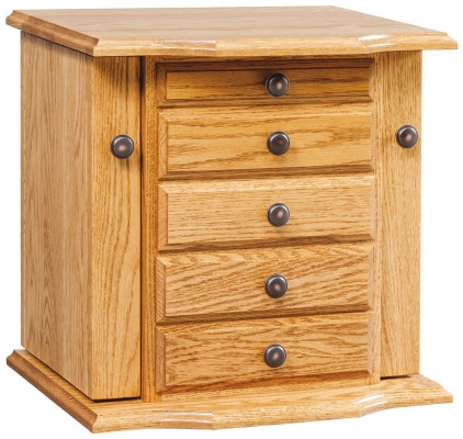 Jewelry Cabinet Honey Oak Scalloped Base Five Drawers Side Swing Doors