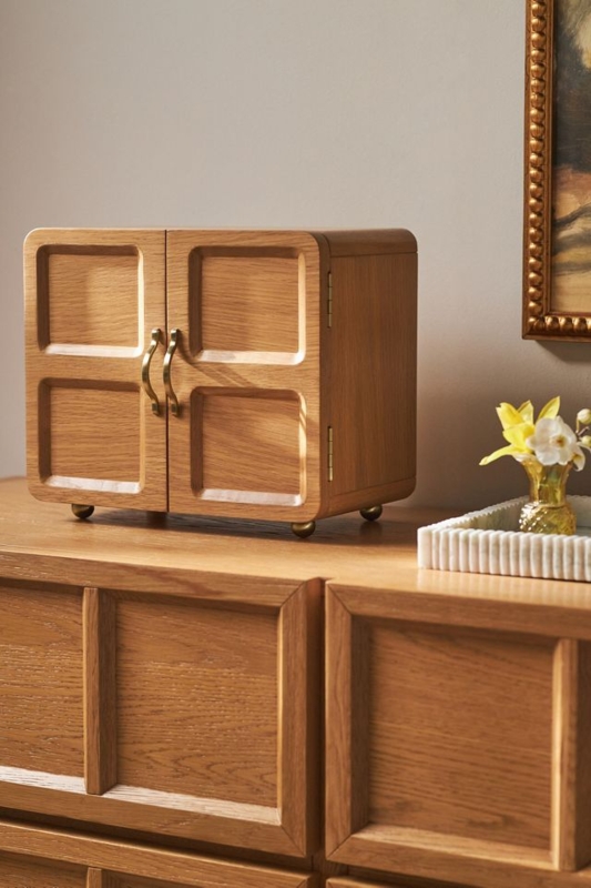 Jewelry Cabinet: Honey Oak Tabletop Box with Recessed Paneling