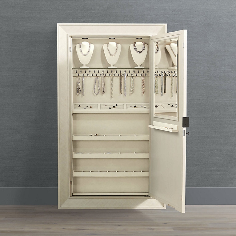 Jewelry Cabinet: Recessed Off-White Herringbone Frame with Jewelry Busts