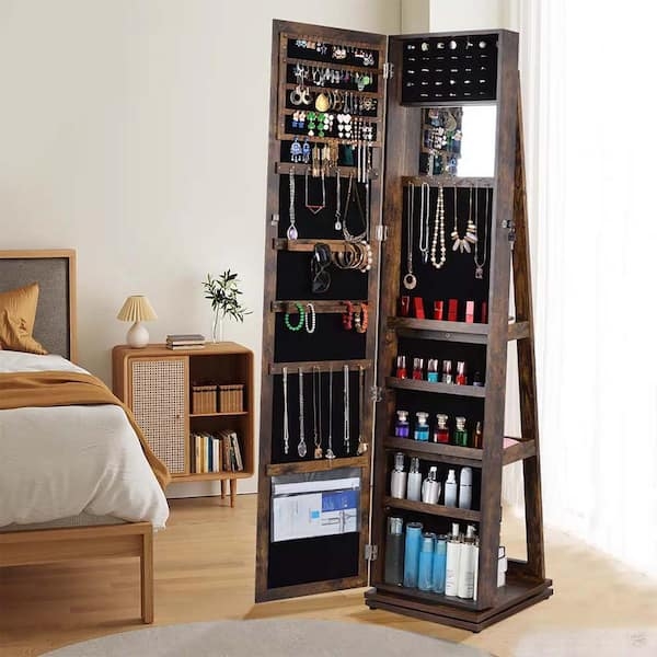 Jewelry Cabinet: Rotating Armoire with Full Length Mirror and Tiered Shelving