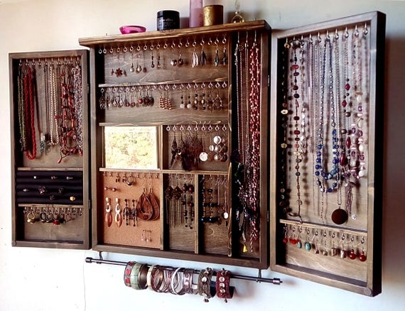 Jewelry Cabinet: Rustic Walnut Tri-Fold Organizer with Bracelet Bar