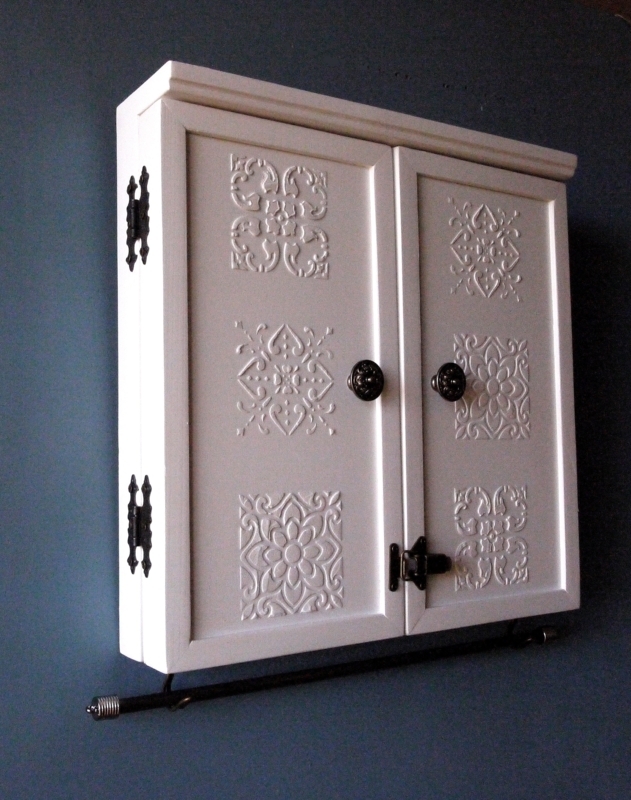 Jewelry Cabinet: Vintage Off-White Wall Organizer with Embossed Panels