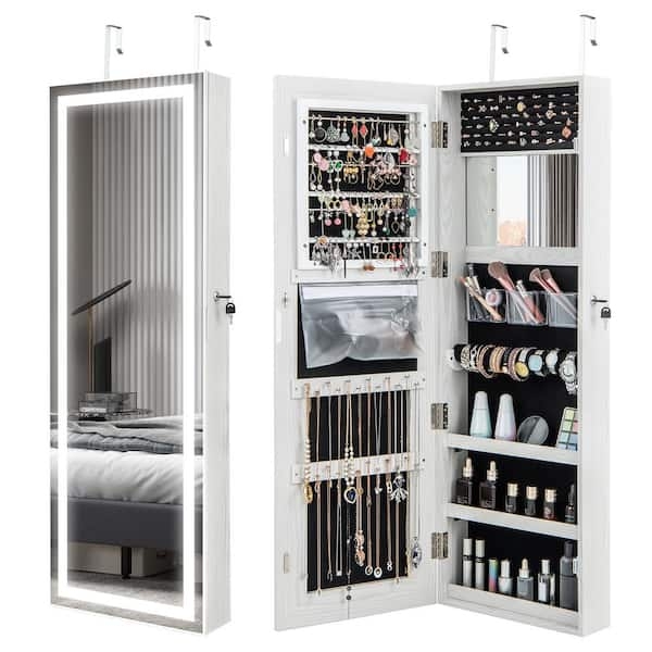Jewelry Cabinet: White Lockable Over Door Armoire with LED Light Border