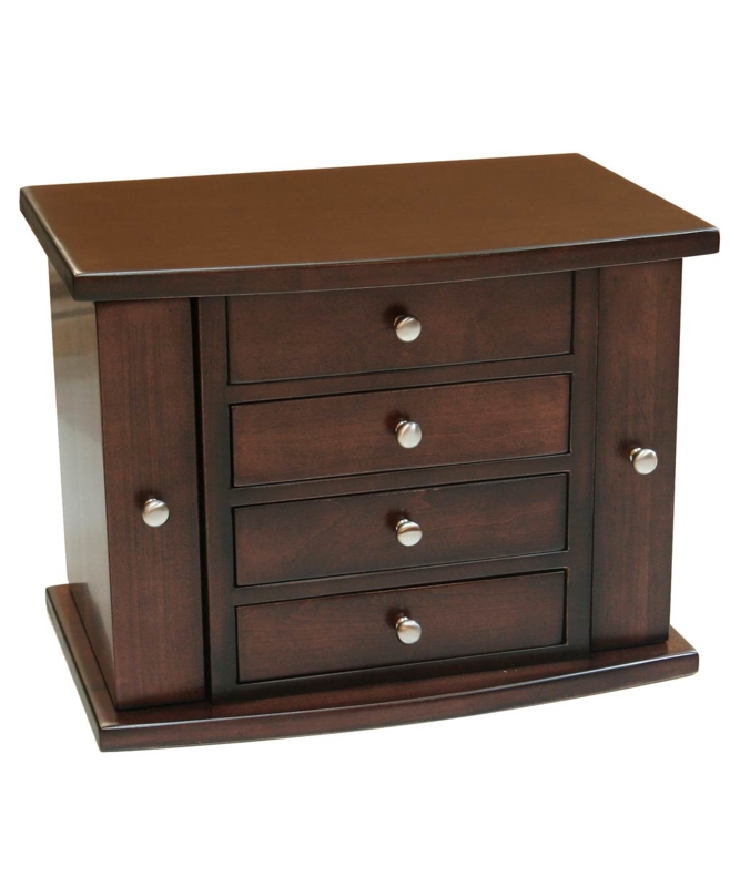 Jewelry Chest Espresso Brown Four Drawers Side Swing Doors Curved Base
