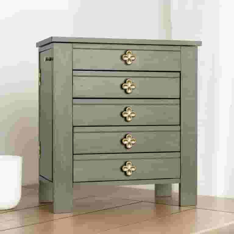 Jewelry Chest Sage Grey Finish Gold Clover Knobs Five Drawers Side Doors