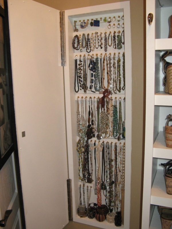 Jewelry Storage Cabinet: White Recessed Built-In with Piano Hinge