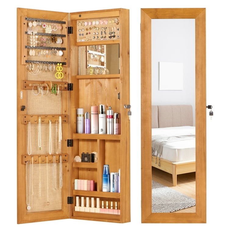 Jewelry Storage For Bedroom Solid Wood Jewelry Armoire Organizer Cabinet  with Full-Length Mirror, 47.5x14.3 in Wall-Mounted Lockable with LED  Light,Bedroom Jewelry Storage Solutions -