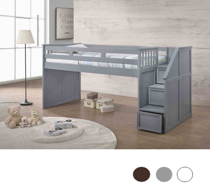 Junior Loft Bed with Staircase Steps in Cool Gray